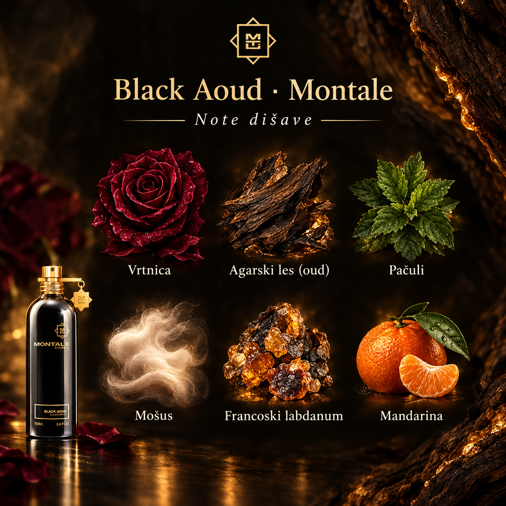 Black Aoud Montale, slika z notami v črno-zlati paleti