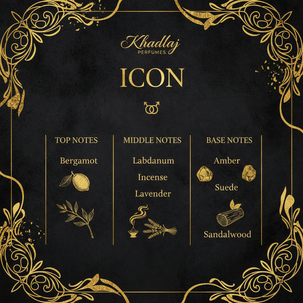 Icon Khadlaj Perfumes note dišave: Bergamot, Labdanum, Kadilo, Sivka, Jantar, Jelen, Sandalovina