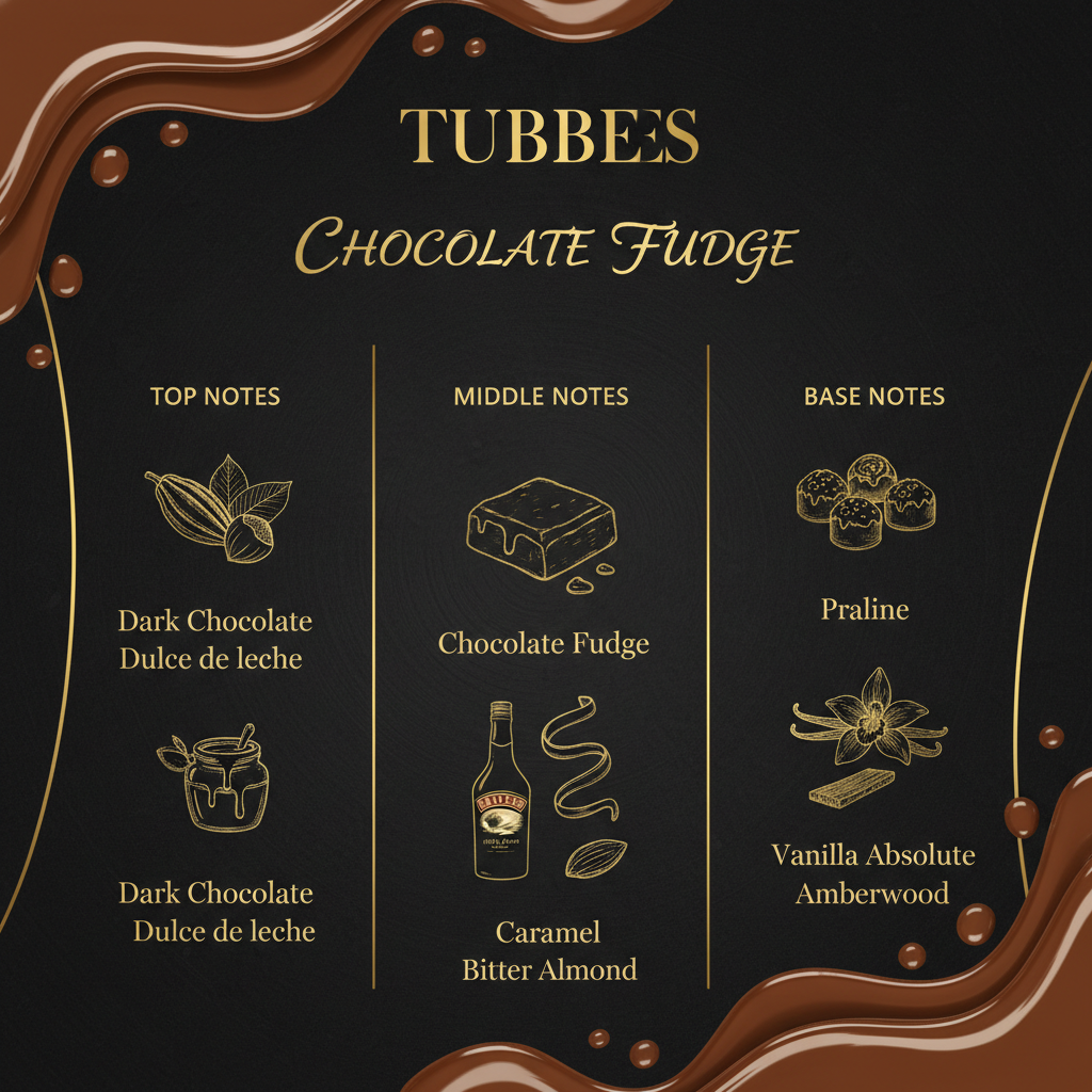 Chocolate Fudge Tubbees note dišave: Temna čokolada, Leskovec, Dulce de leche, Fudge, Baileys, Karamela, Praliné, Vanilija, Sandalovina