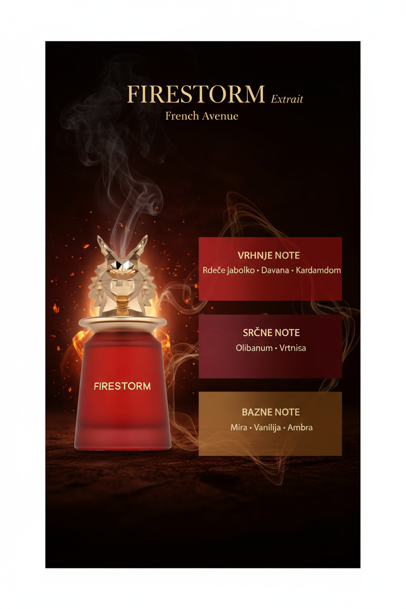 Infografika Firestorm Extrait French Avenue z vrhnjimi, srčnimi in baznimi notami