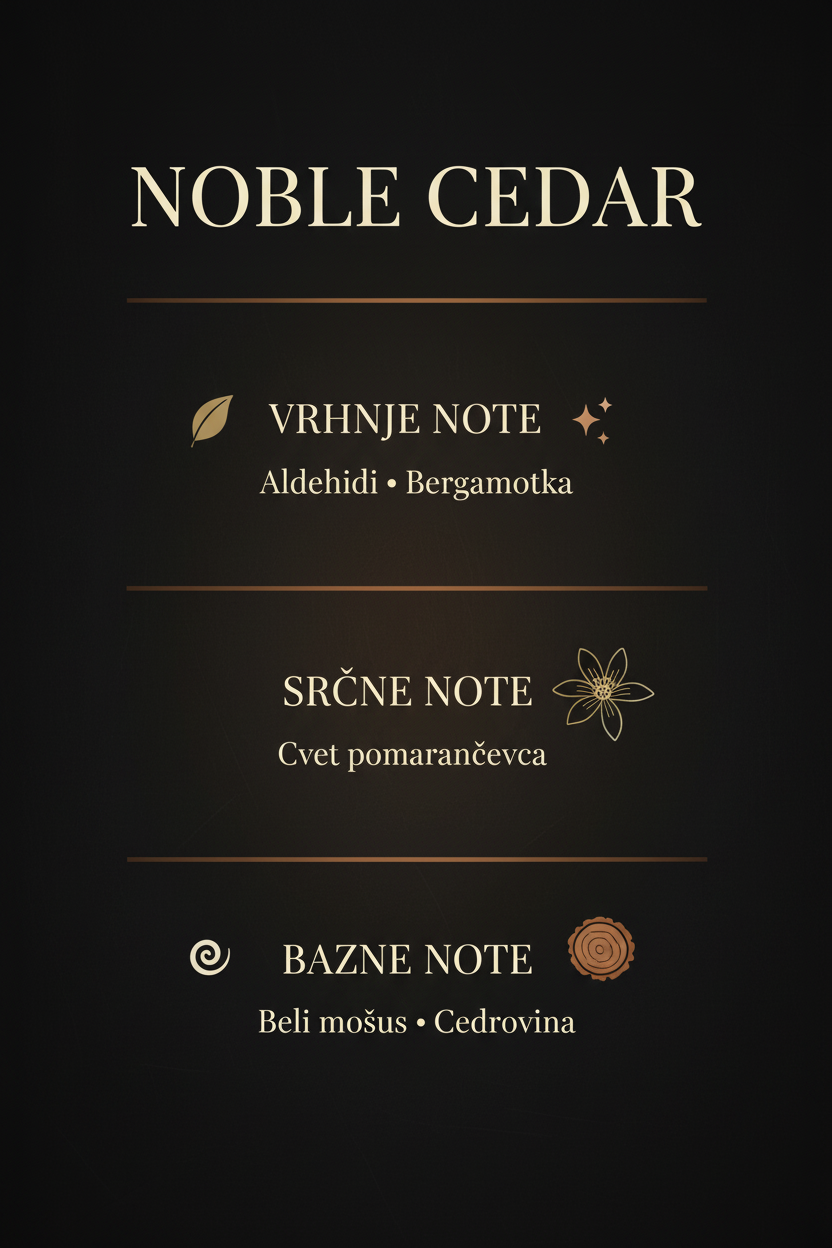 Infografika vonjnih not za parfum Noble Cedar French Avenue: aldehidi, bergamotka, cvet pomarančevca, beli mošus in cedrovina