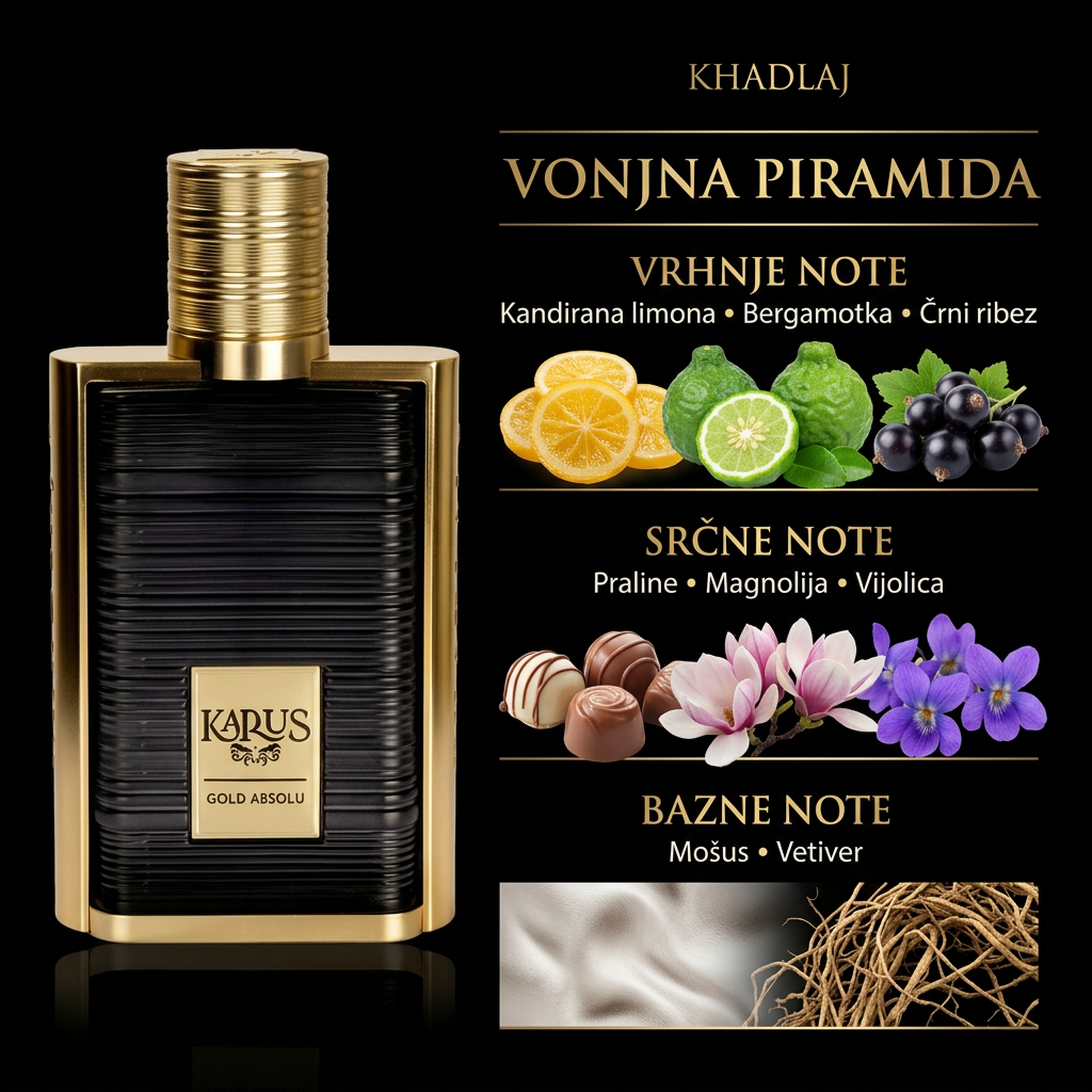Karus Gold Absolu, črno-zlata infografika z vonjnimi notami