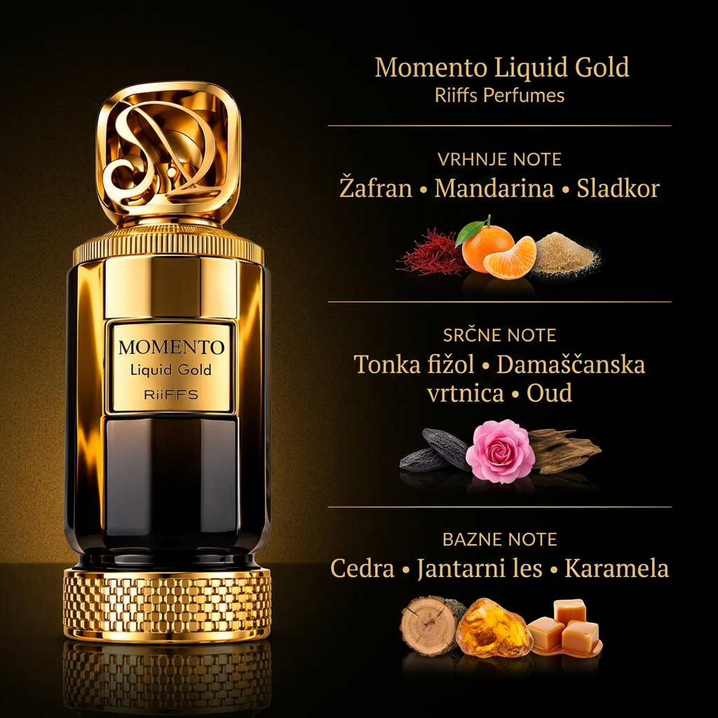 Momento Liquid Gold z vonjnimi notami v zlato-črnih odtenkih