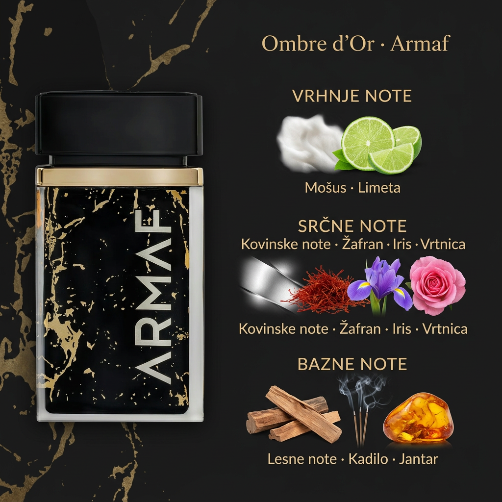 Ombre d’Or Armaf z vrhnjimi, srčnimi in baznimi notami v črno-zlati barvni paleti
