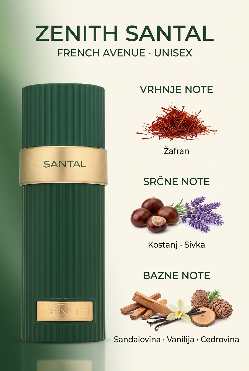 Zenith Santal z vonjnimi notami v temno zelenih in zlatih odtenkih